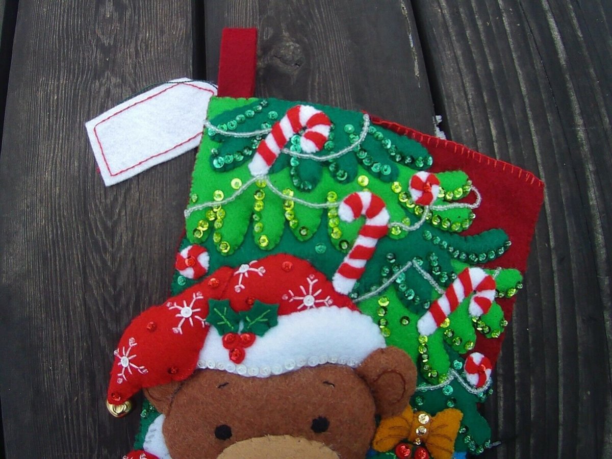 Teddy Bear Christmas Stocking,  Bucilla Santa Bear Finished Embroidered Stocking, Traditional Stockings, Personalized Stockings