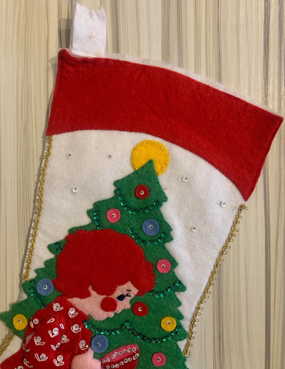 Vintage Handmade Christmas Stocking 1960's Felt Holiday Stocking Girl W/ Puppy Dog Christmas Tree Custom Stockings Wall Art Deco
