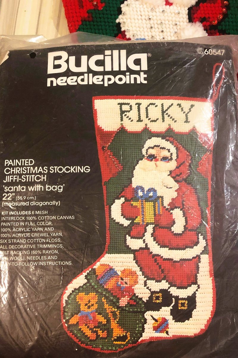 Christmas Stocking VINTAGE  BUCILLA "PAINTED" Needlepoint Kit 60547 Santa With Gift Holiday Stocking Circa 1970's Holiday Decor