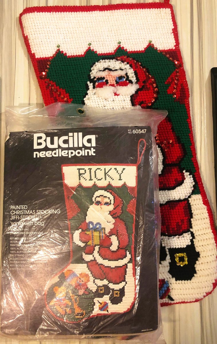 Christmas Stocking VINTAGE  BUCILLA "PAINTED" Needlepoint Kit 60547 Santa With Gift Holiday Stocking Circa 1970's Holiday Decor
