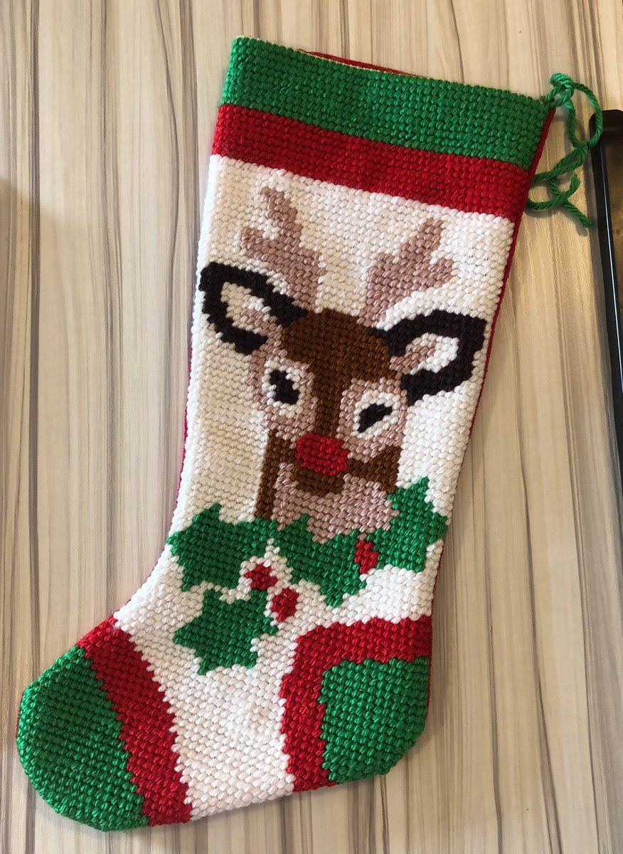 Custom Christmas Stocking, Vintage Bernat Rudolph Reindeer Handmade Needlepoint Holiday Stocking, Custom Stocking, Personalized Stockings