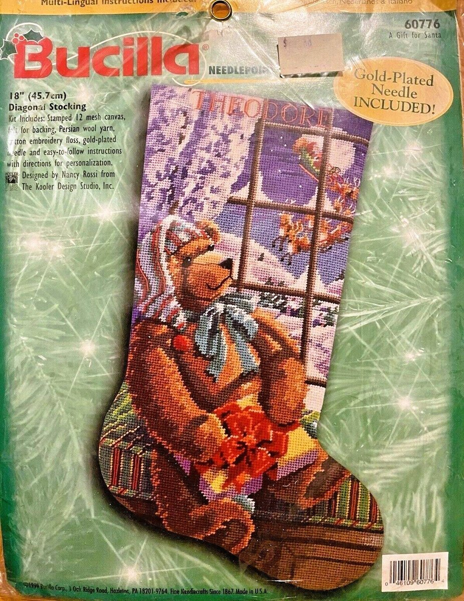 Christmas Stocking NEW VINTAGE Rare FINISHED Bucilla Teddy Bear Needlepoint A Gift for Santa #60776 Finished Bucilla Custom Stocking
