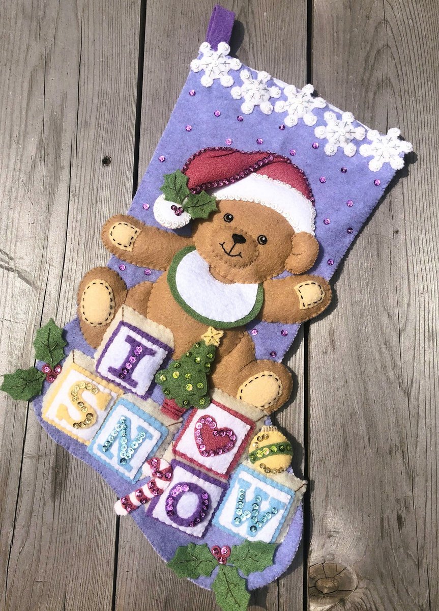 New Christmas Stocking | Handmade BUCILLA BABY BEAR Felt Holiday Stocking |  Finished Bucilla Kit | Custom Stockings | Embroidered Stockings