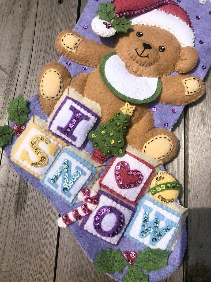 New Christmas Stocking | Handmade BUCILLA BABY BEAR Felt Holiday Stocking |  Finished Bucilla Kit | Custom Stockings | Embroidered Stockings