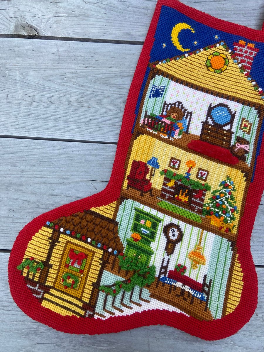 Christmas Stocking OUTSTANDING Vintage Sunset Handmade Finished 1980s CHRISTMAS DOLLHOUSE Needlepoint Holiday Decor