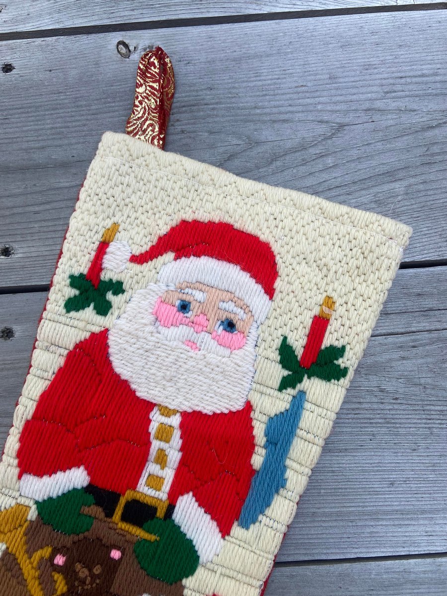 Handmade Christmas Stocking Vintage 1980s Finished Longstitch WonderArt SANTA Christmas Stocking Holiday Decor 6898