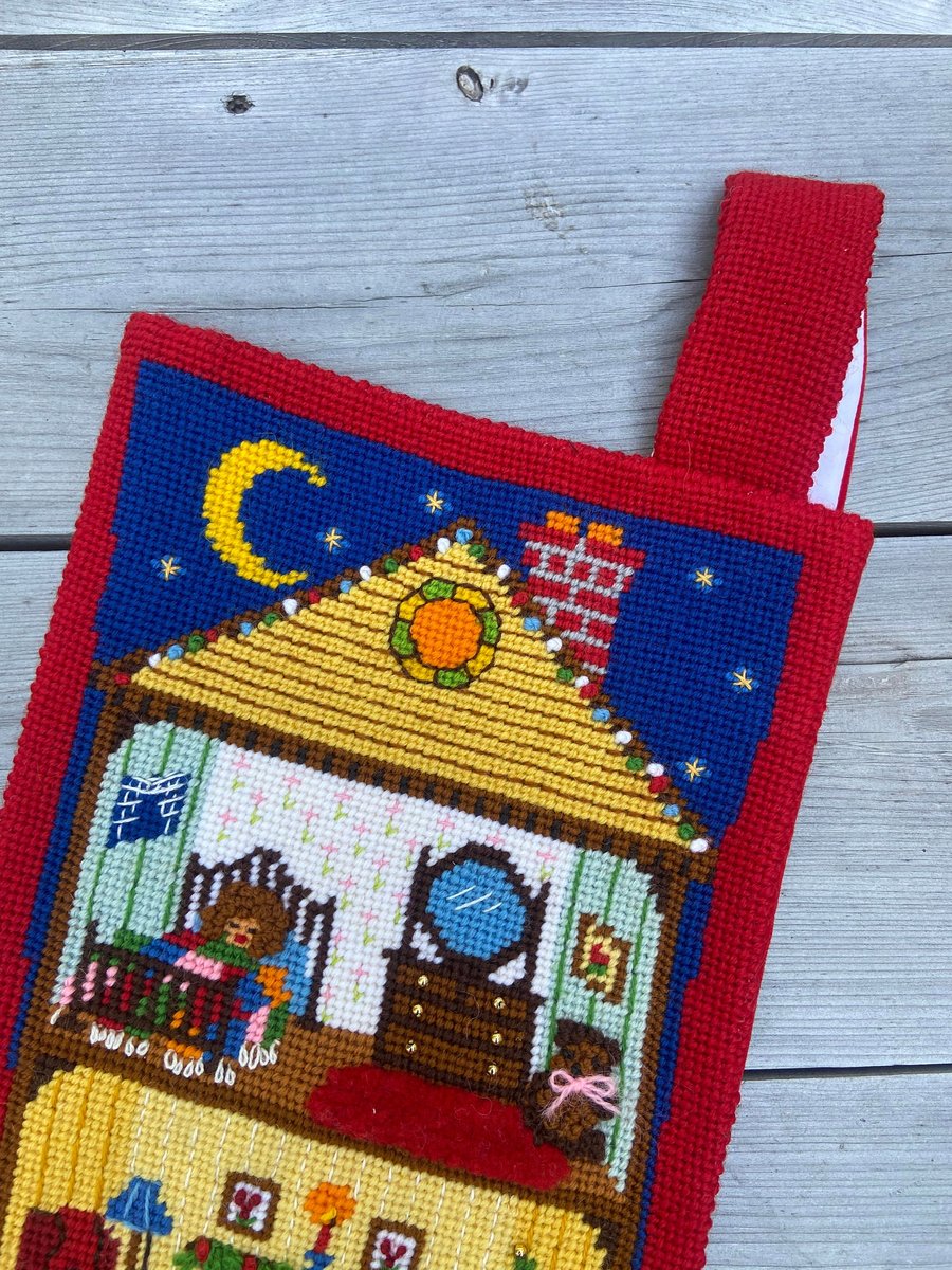 Christmas Stocking OUTSTANDING Vintage Sunset Handmade Finished 1980s CHRISTMAS DOLLHOUSE Needlepoint Holiday Decor