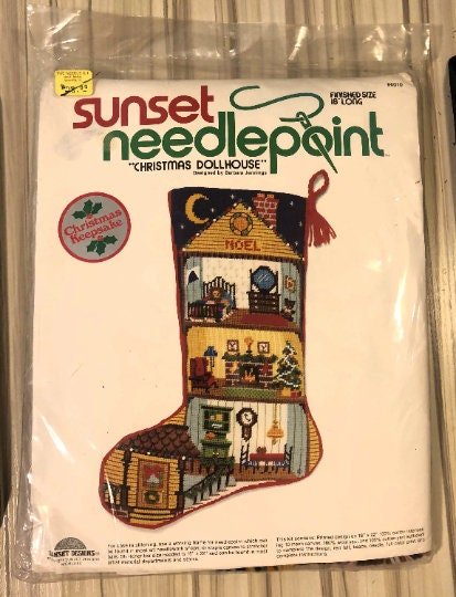 Christmas Stocking, Vintage SUNSET Handmade Finished 1980s CHRISTMAS DOLLHOUSE Needlepoint Holiday Decor