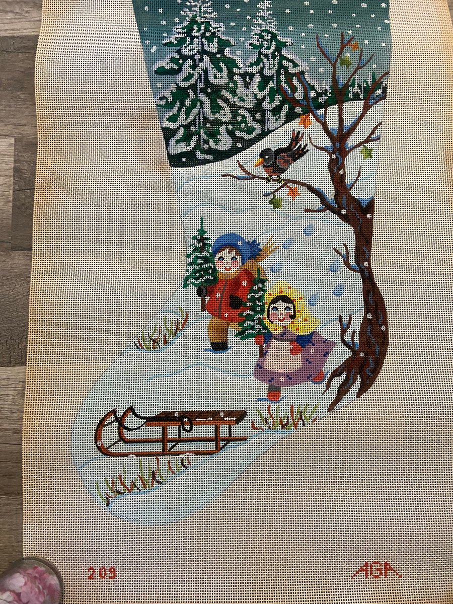 New Vintage AGA Designs CHILDREN SLEDDING Needlepoint Christmas Stocking Canvas 209 Bird Holiday Stocking *Read*