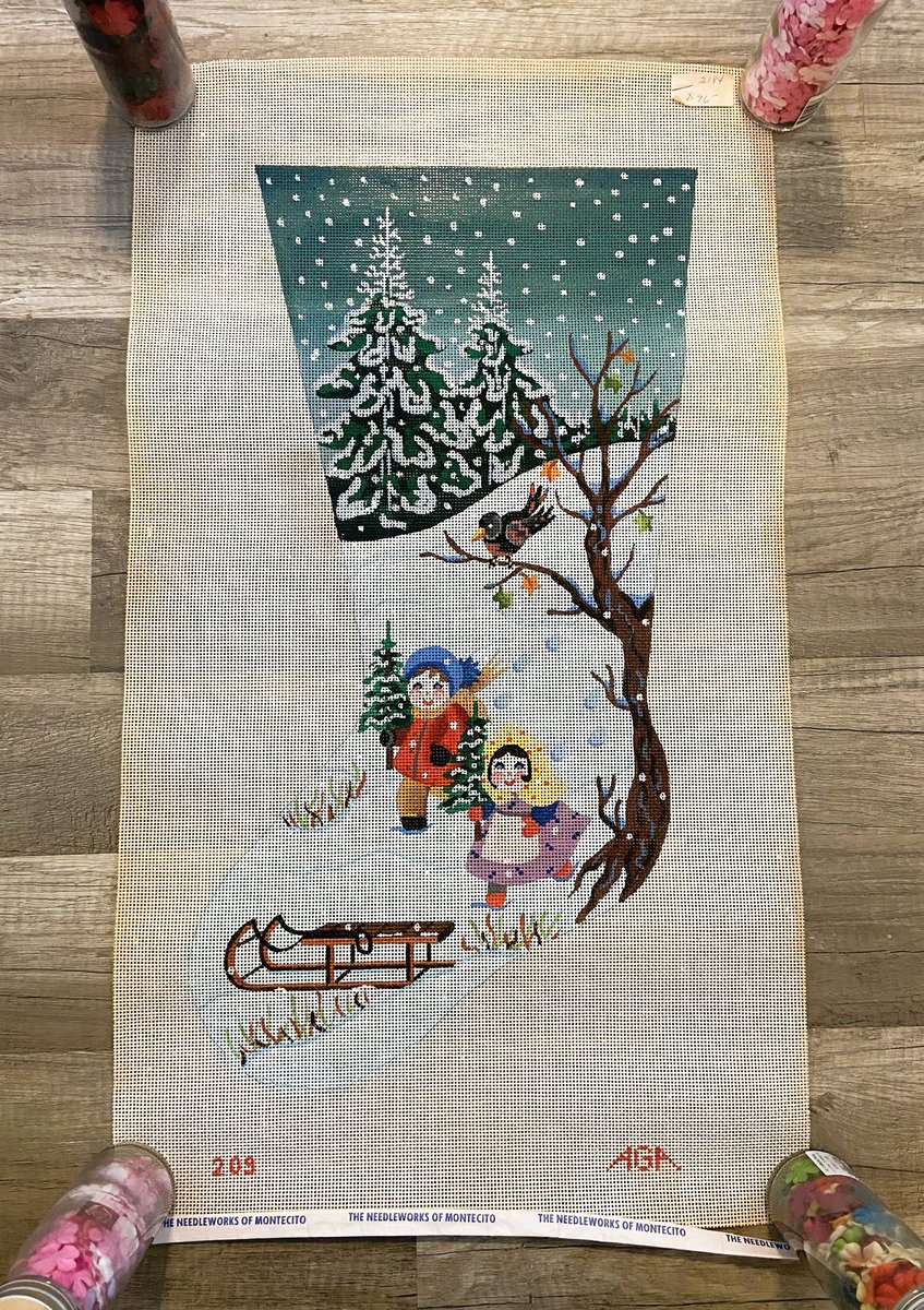 New Vintage AGA Designs CHILDREN SLEDDING Needlepoint Christmas Stocking Canvas 209 Bird Holiday Stocking *Read*