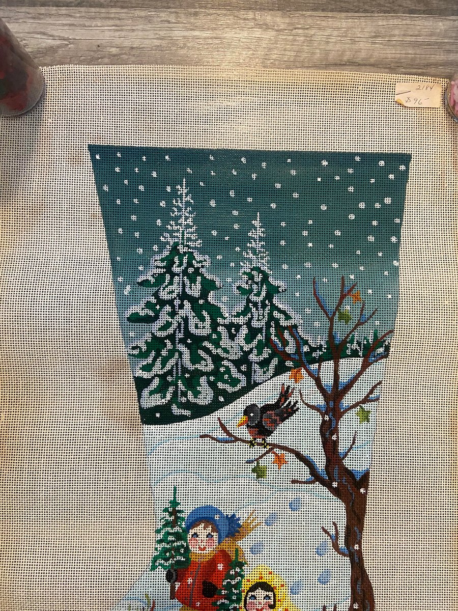 New Vintage AGA Designs CHILDREN SLEDDING Needlepoint Christmas Stocking Canvas 209 Bird Holiday Stocking *Read*