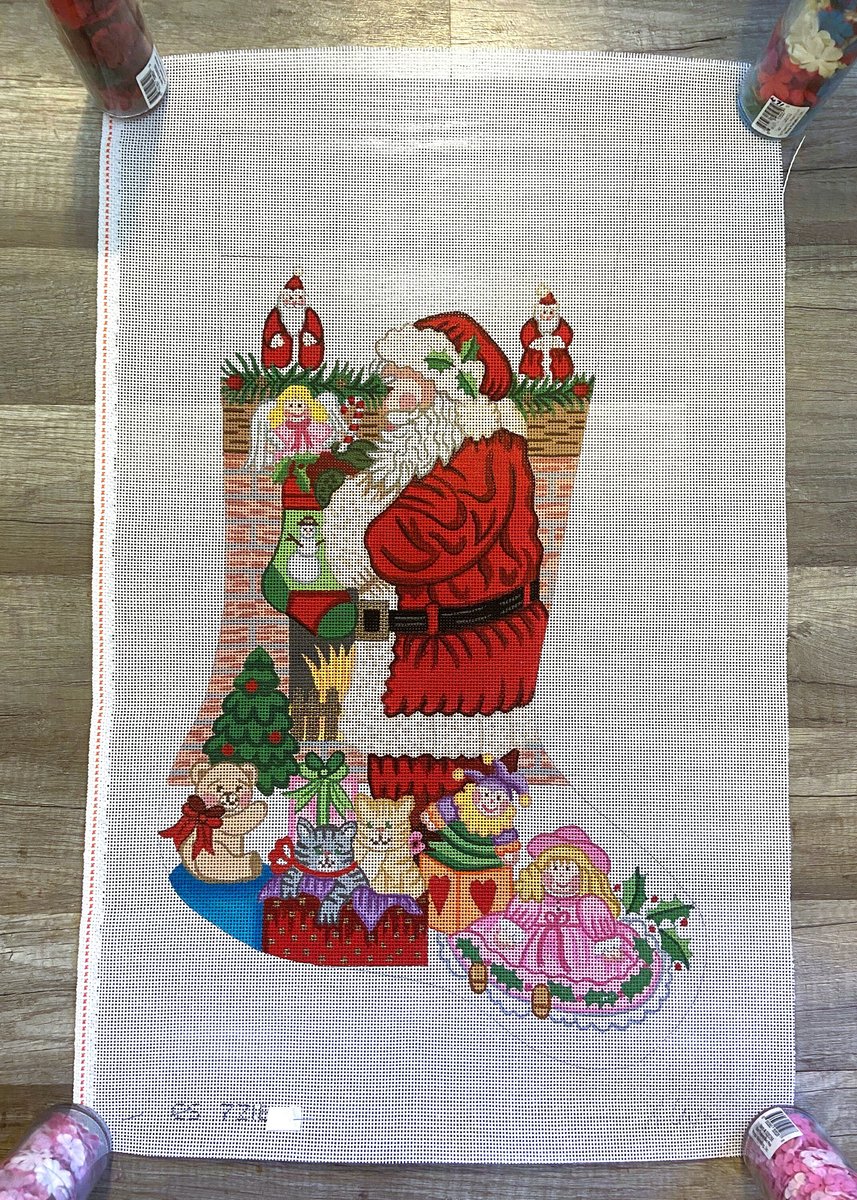 Handpainted Needlepoint Christmas Stocking Vintage ALEXA DESIGNS Santa with Stockings Canvas Embroidery Decor