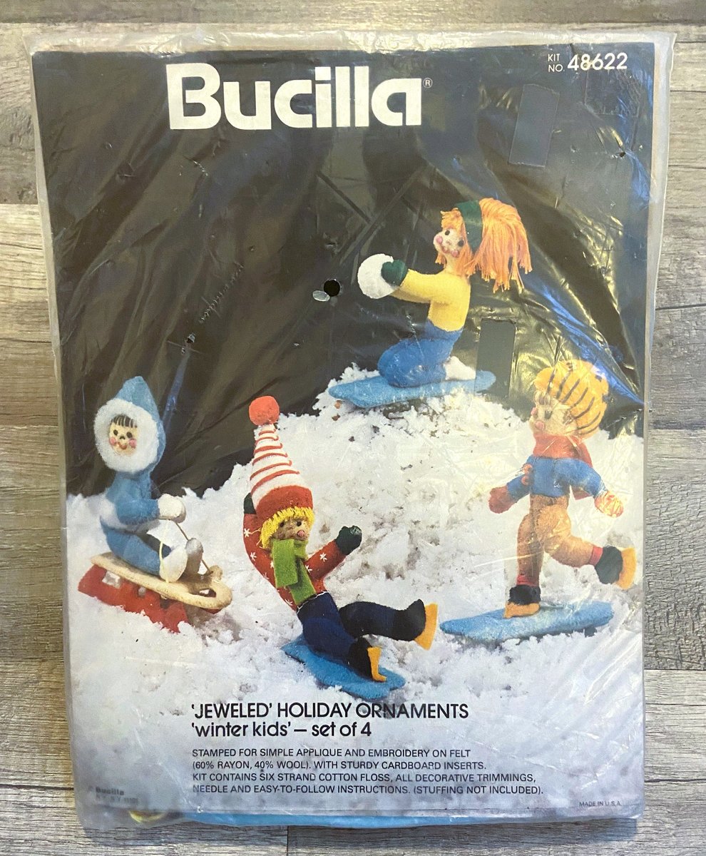 Vintage 1980s Bucilla WINTER KIDS Christmas Felt Ornaments Kit 48622 Kids Sledding Christmas Holiday Decor Vintage Craft Kit
