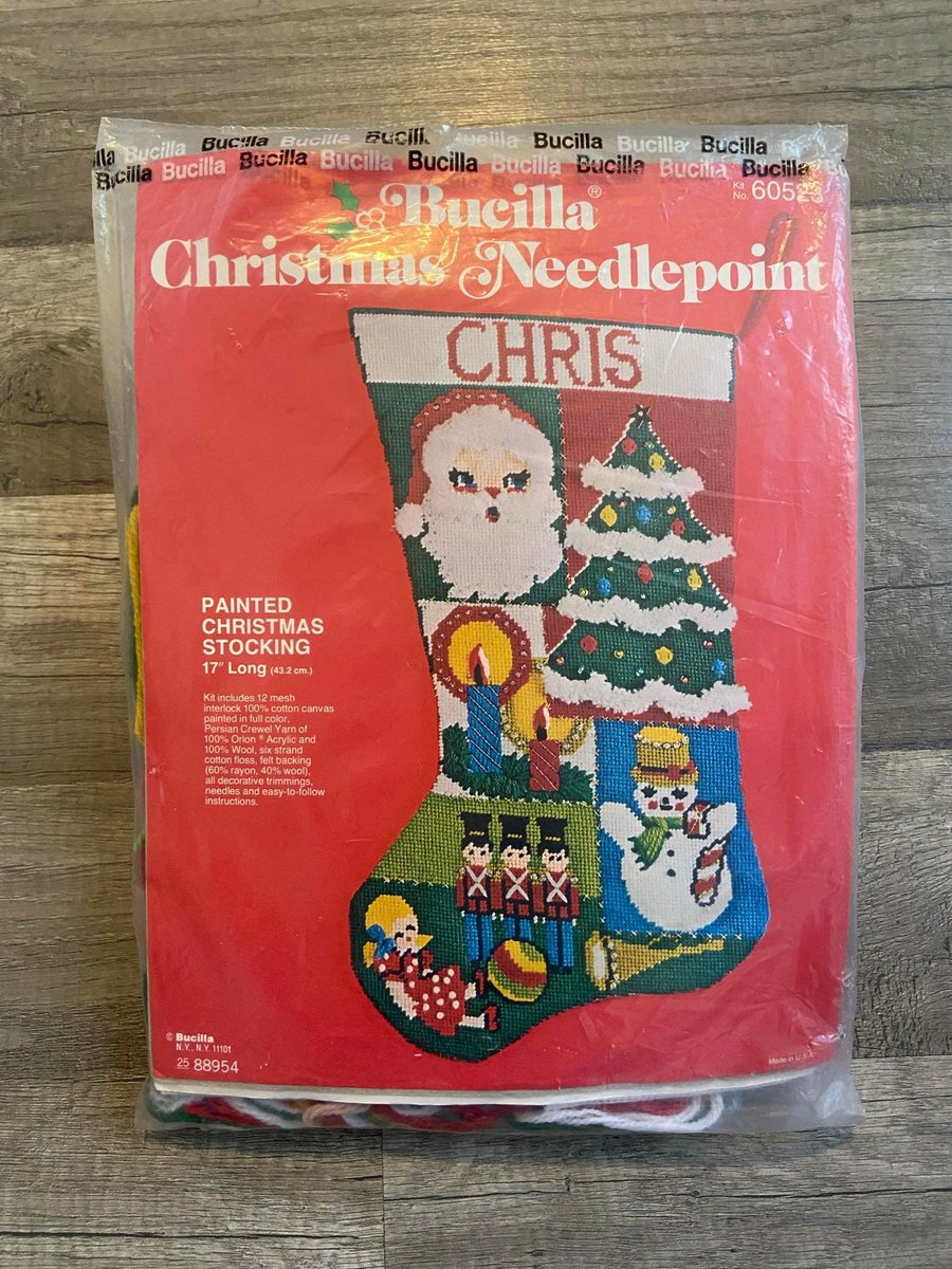 New Christmas Stocking 1970's Vintage HANDMADE Bucilla Painted Needlepoint Stocking 60523 Patchwork Holiday Stocking