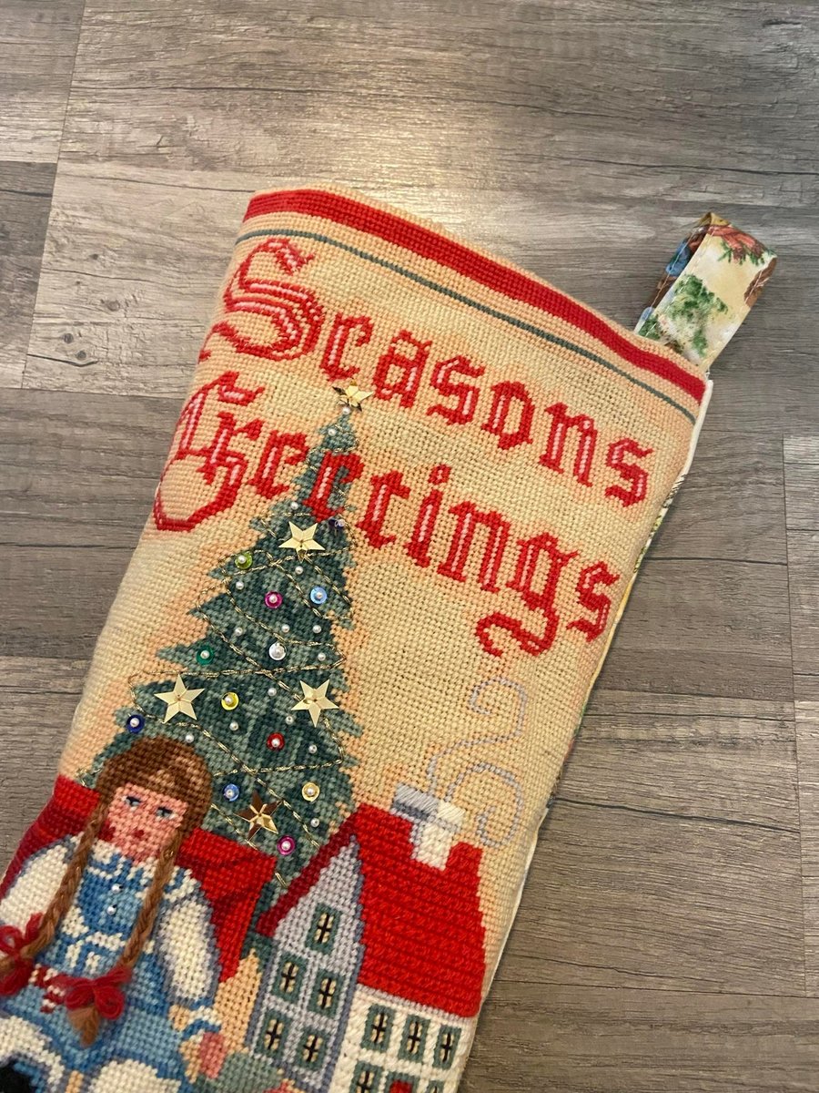 Christmas Stocking New VTG Handmade Finished Needle Treasures Antique PLAYTHINGS Needlepoint Christmas Stocking 06823