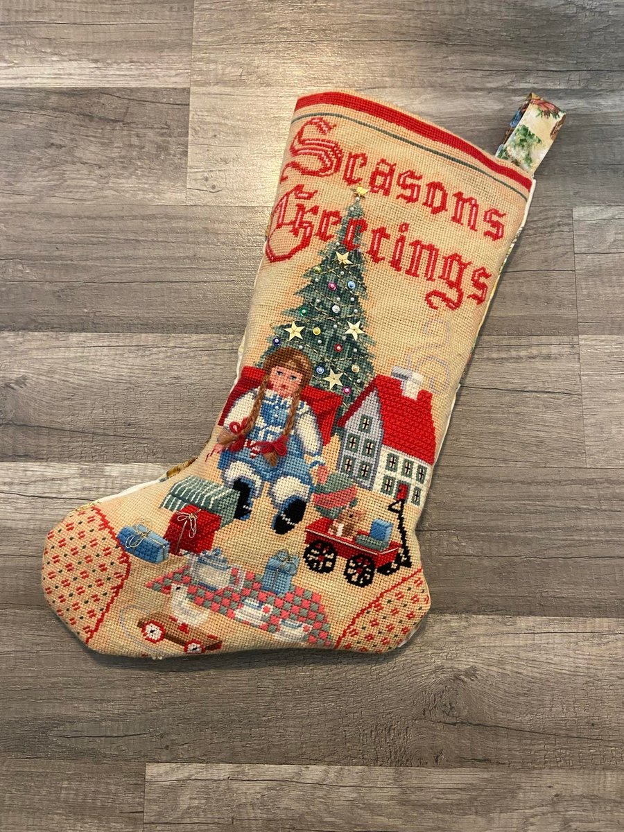 Christmas Stocking New VTG Handmade Finished Needle Treasures Antique PLAYTHINGS Needlepoint Christmas Stocking 06823