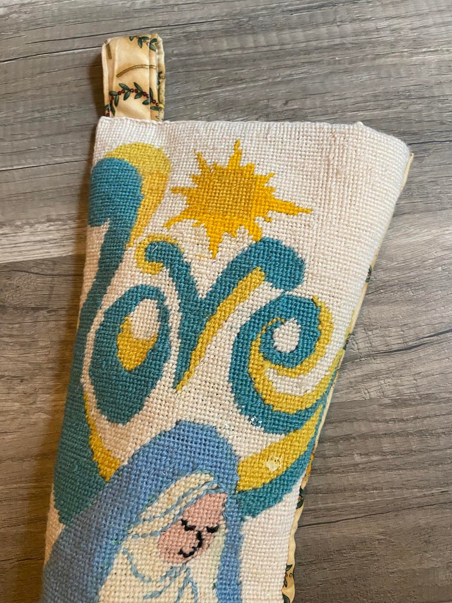 Handmade Stocking New VTG Late 60's NATIVITY Holy Night Mother Child Needlepoint Christmas Stocking
