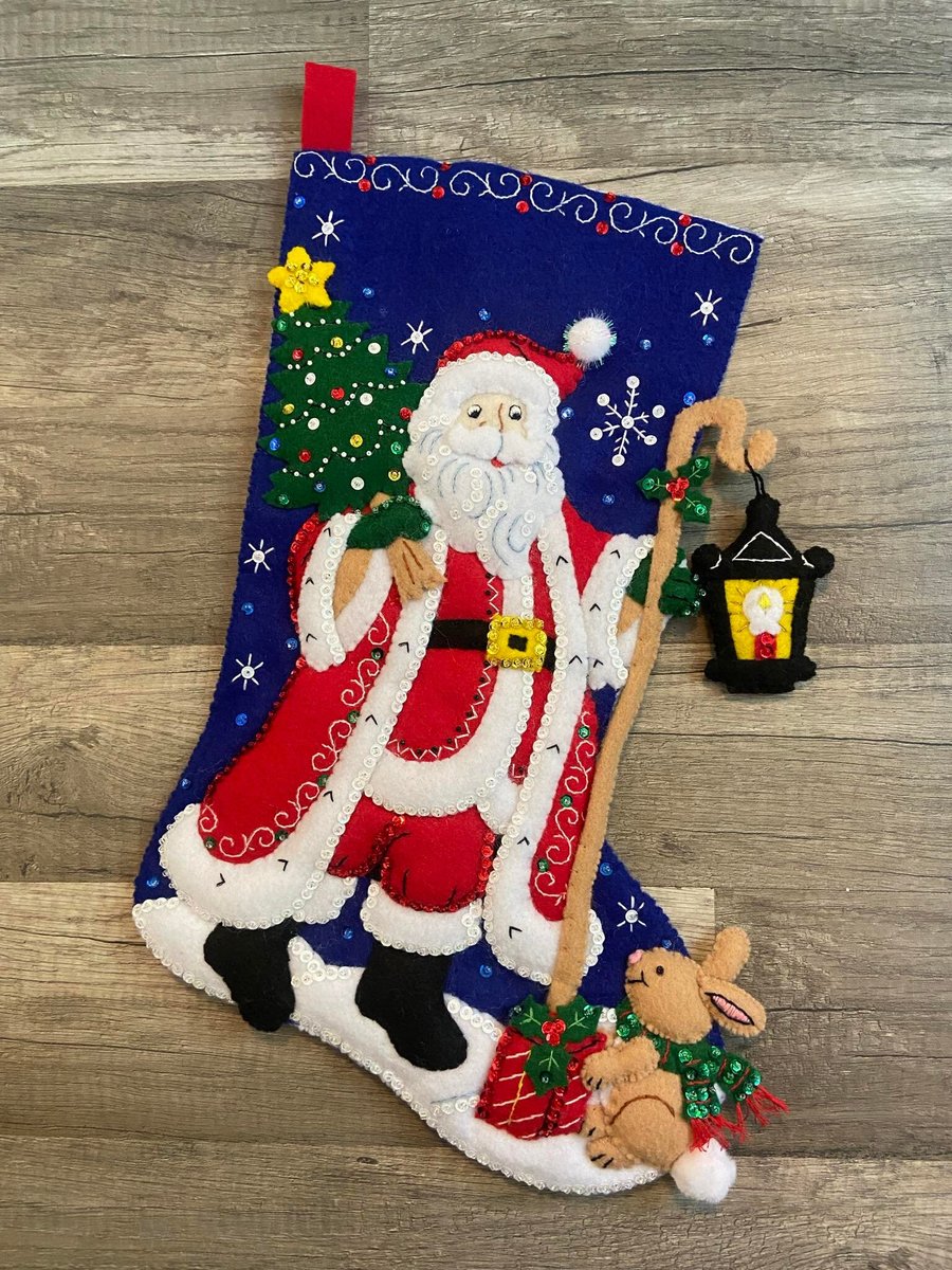 Christmas Stocking | Finished BUCILLA Santa with Lantern | Handmade  Holiday Stocking | 86903E Custom Embroidered Stocking