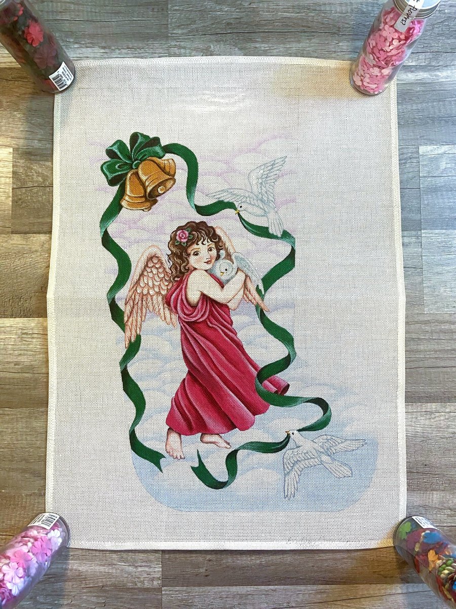 NEW VTG Barbara Elmore RARE Handpainted Christmas Needlepoint Stocking Canvas Angel Holiday Stocking Doves Harp