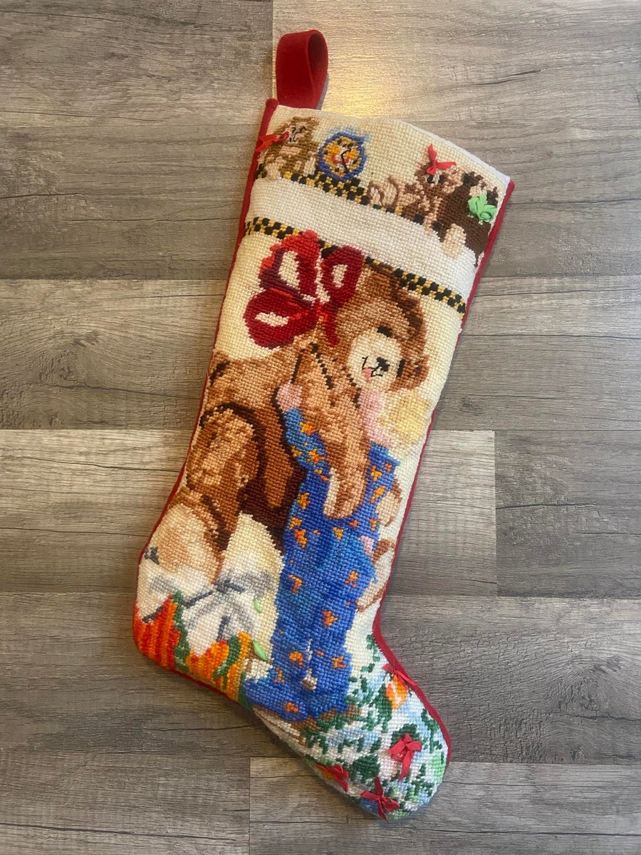 Christmas Stocking New VTG Handmade Finished Bucilla CHRISTMAS MORNING Needlepoint Christmas Stocking 60736