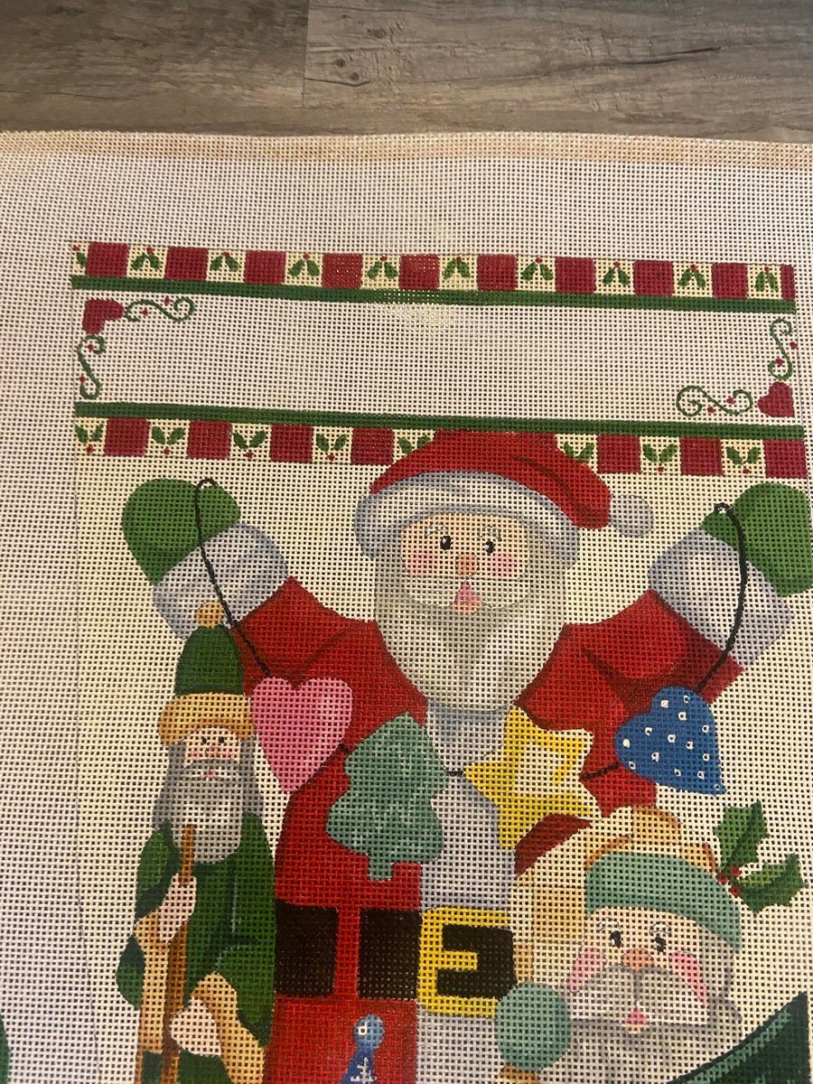 New Vintage ALEXA? Christmas Stocking Oodles of Santa Handpainted Needlepoint Canvas W/ Ornament Holiday Decor