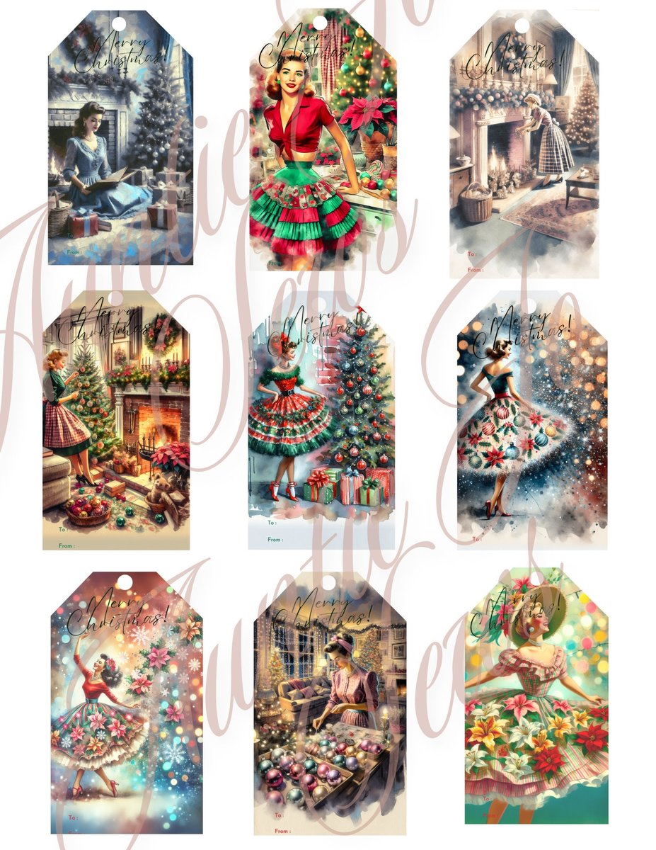 Retro Vintage Lady Christmas Tags Printable Gift Tags Large & Small  Hang Tags Vintage Christmas  Digital Junk Journal
