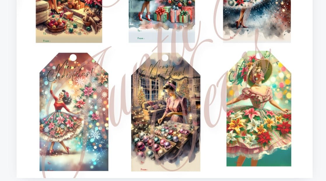 Retro Vintage Lady Christmas Tags Printable Gift Tags Large & Small  Hang Tags Vintage Christmas  Digital Junk Journal