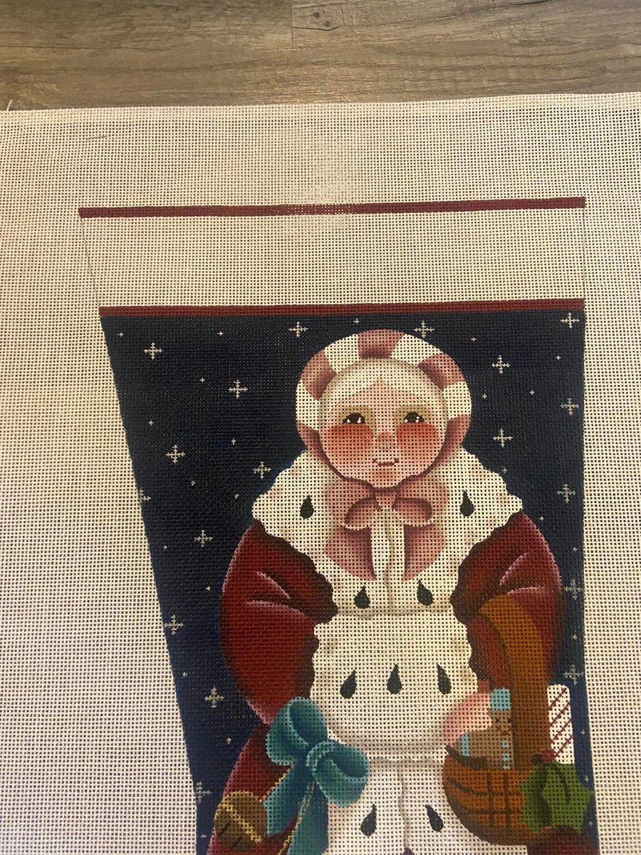 New Vintage  MELISSA SHIRLEY DESIGNS  Handpainted Christmas Stocking Hannah Rose Mrs. Claus with Gifts Holiday Sock Canvas