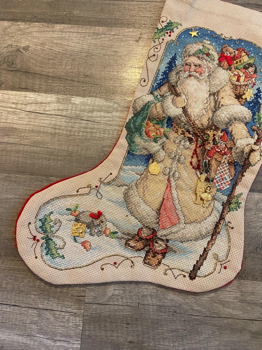 Handmade Christmas Stocking, New Vintage Finished BUCILLA Celebrations Counted Cross Stitch FATHER WINTER 84025 Embroidered Stockings