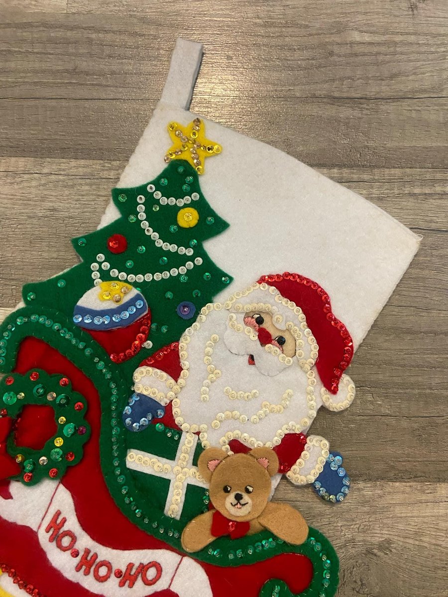 VINTAGE Bucilla Christmas Stocking SANTA'S SLEIGH 33186 16.5in Toys Tree Ho Ho Ho Santa Holiday Stocking
