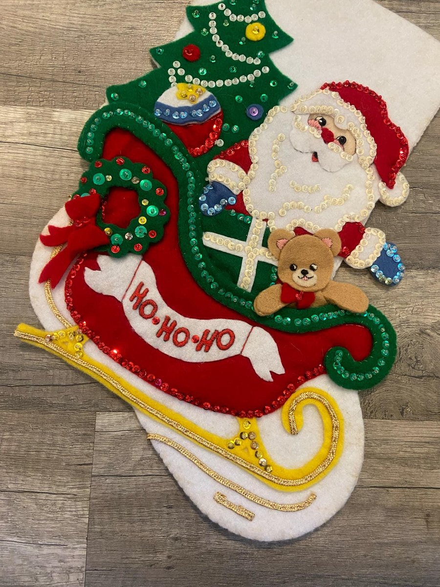 VINTAGE Bucilla Christmas Stocking SANTA'S SLEIGH 33186 16.5in Toys Tree Ho Ho Ho Santa Holiday Stocking
