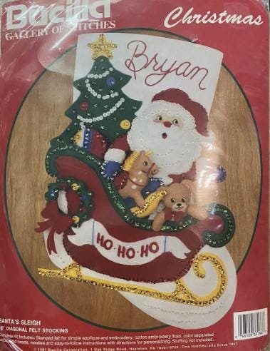 VINTAGE Bucilla Christmas Stocking SANTA'S SLEIGH 33186 16.5in Toys Tree Ho Ho Ho Santa Holiday Stocking