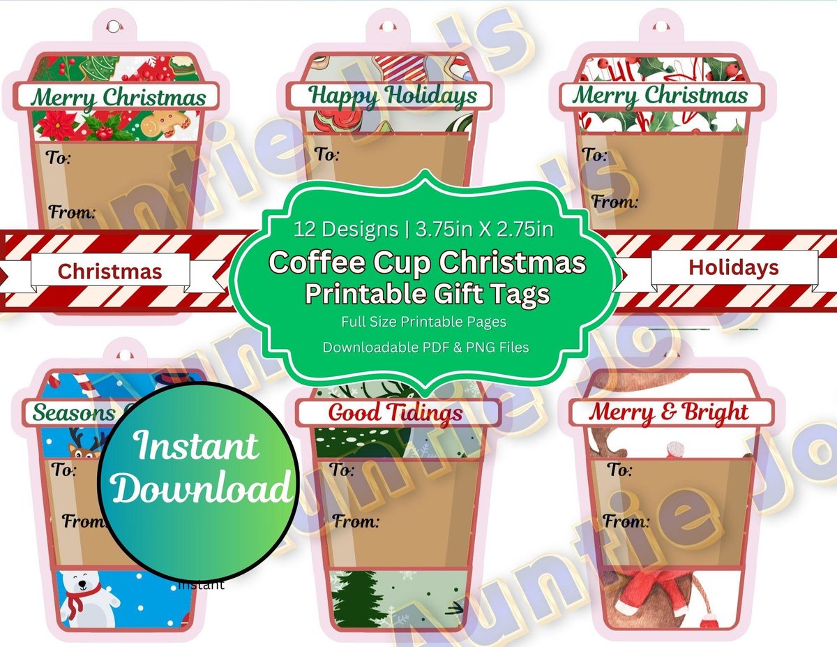 Printable Christmas Gift Tags, Holiday Tags, Christmas Tags, Coffee Cup Printables, Instant Print Tags, Holiday Gift Tags, Instant Download