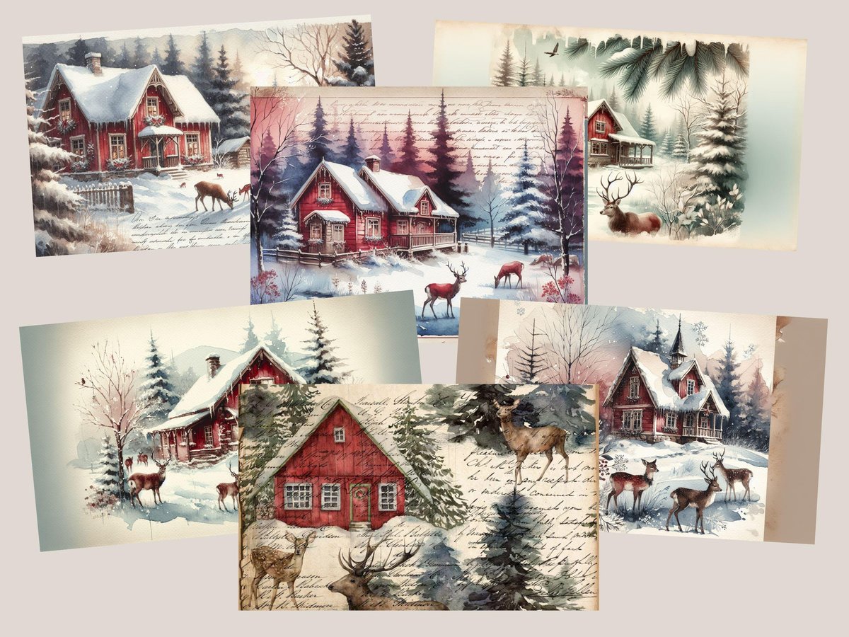 Christmas Printable Pages, Deer, Farm Rustic Vintage Holidays, Junk Journals, Vintage Scrapbooks, Digital Junk Journal, PNG & PDF Files
