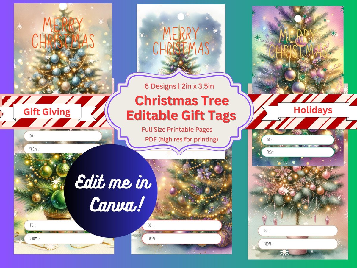 Easy EDITABLE Christmas Gift Tags, Christmas Tree Holiday Gift Tag Template, Personalized Christmas Tag 2 x 3.5", PDF Format