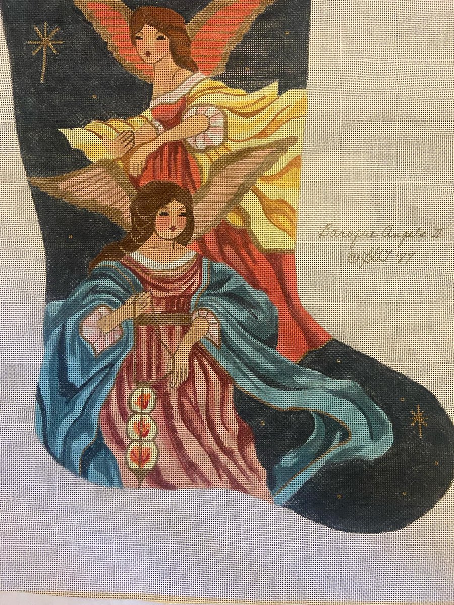 Christmas Stocking New Rare Handpainted Vintage  BAROQUE ANGELS II 2 Needlepoint Christmas Stocking Canvas Holiday Decor Signed Canvas