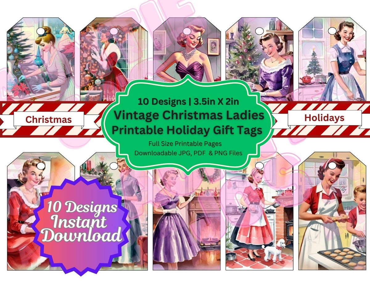 Printable Christmas Gift Tags | Printable Gift Tags | Instant Download | Vintage Lady Holiday Gift Tags | Christmas Printables, Retro