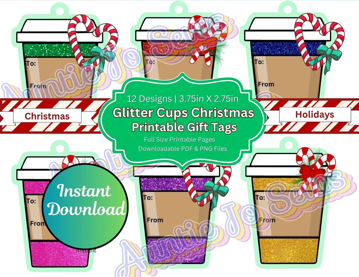 Printable Christmas Gift Tags, Holiday Tags, Christmas Tags, Coffee Cup Printables, Glitter Tags, Holiday Gift Tags, Instant Download