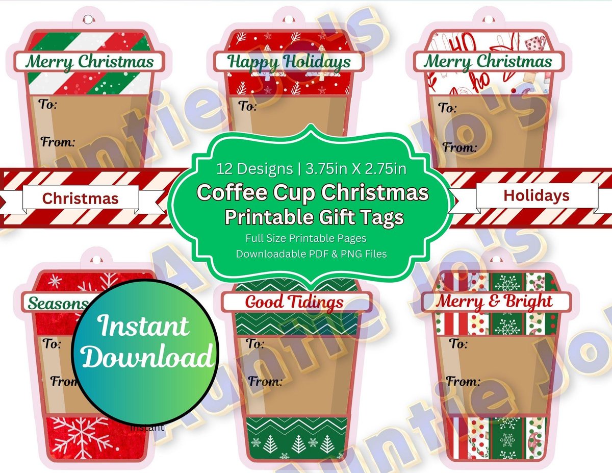 Printable Christmas Gift Tags, Holiday Tags, Christmas Tags, Coffee Cup Printables, Instant Print Tags, Holiday Gift Tags, Instant Download