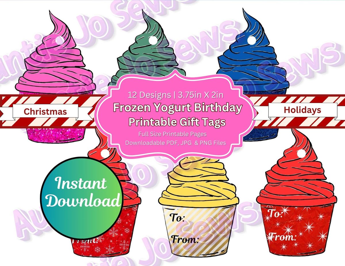 Printable Gift Tags, Frozen Yogurt Holiday Gift Tags, Christmas Gift Tags, Birthday Gift Tags, Instant Digital Download. JPG PNG PDF Files