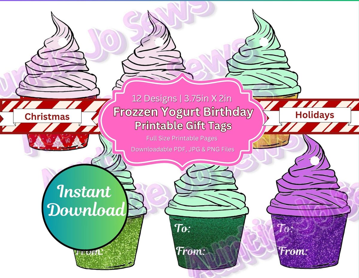 Printable Gift Tags, Frozen Yogurt Holiday Gift Tags, Christmas Gift Tags, Birthday Gift Tags, Instant Digital Download. JPG PNG PDF Files
