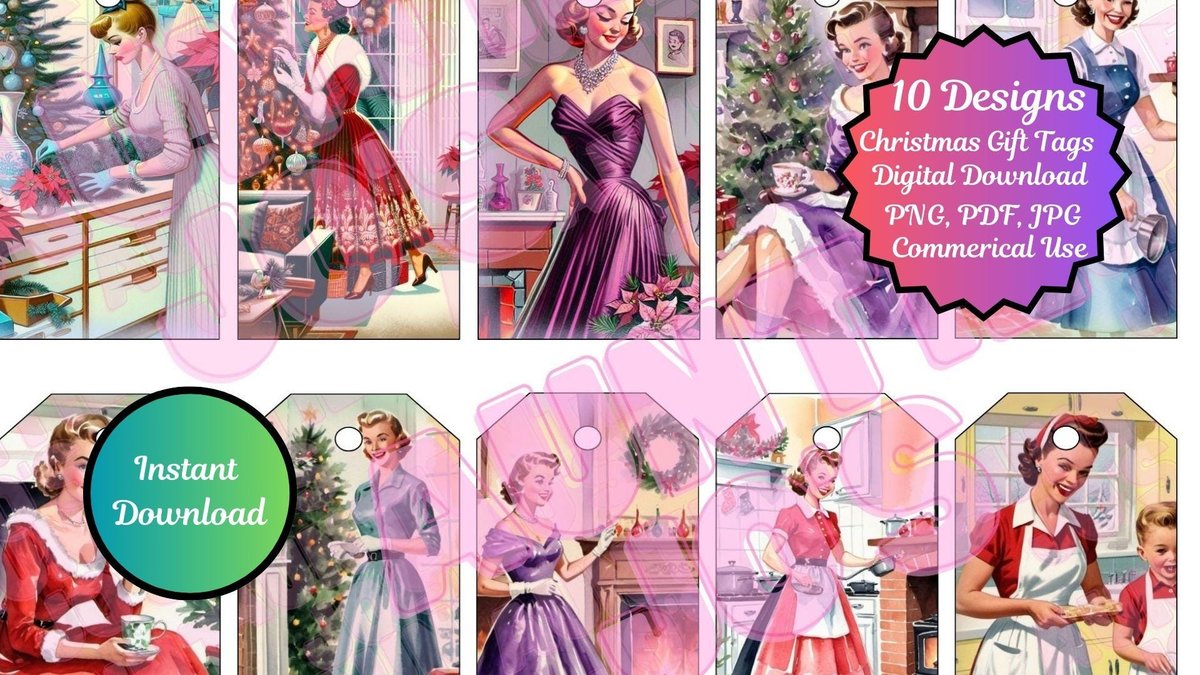 Printable Christmas Gift Tags | Printable Gift Tags | Instant Download | Vintage Lady Holiday Gift Tags | Christmas Printables, Retro