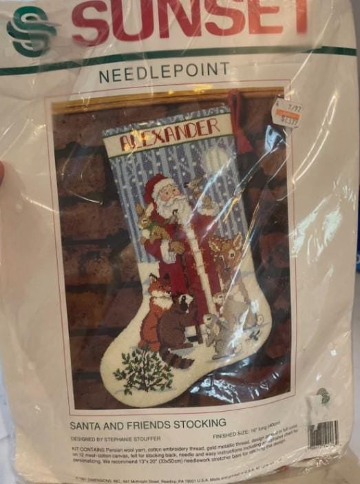 Christmas Stocking RARE New SUNSET Santa Claus Finished Vintage  Needlepoint Santa Claus "Santa & Friends" Holiday Stocking