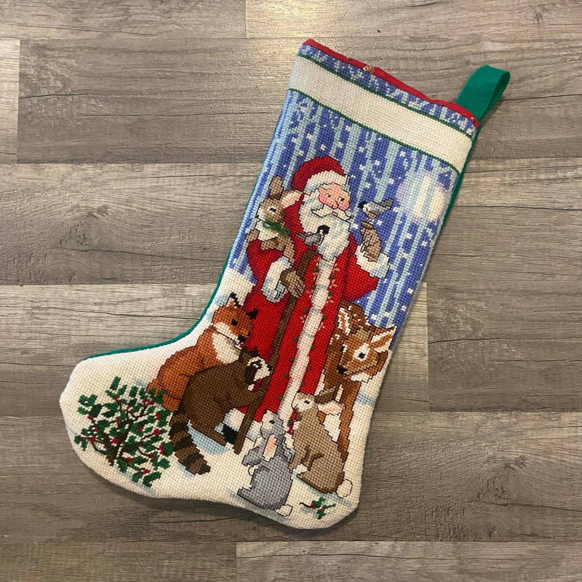 Christmas Stocking RARE New SUNSET Santa Claus Finished Vintage  Needlepoint Santa Claus "Santa & Friends" Holiday Stocking