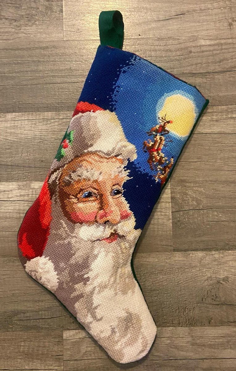 Christmas Stocking New Finished Handmade BUCILLA 1990s JOLLY Old St. NICK Needlepoint Holiday Stocking 60723 Holiday Decor