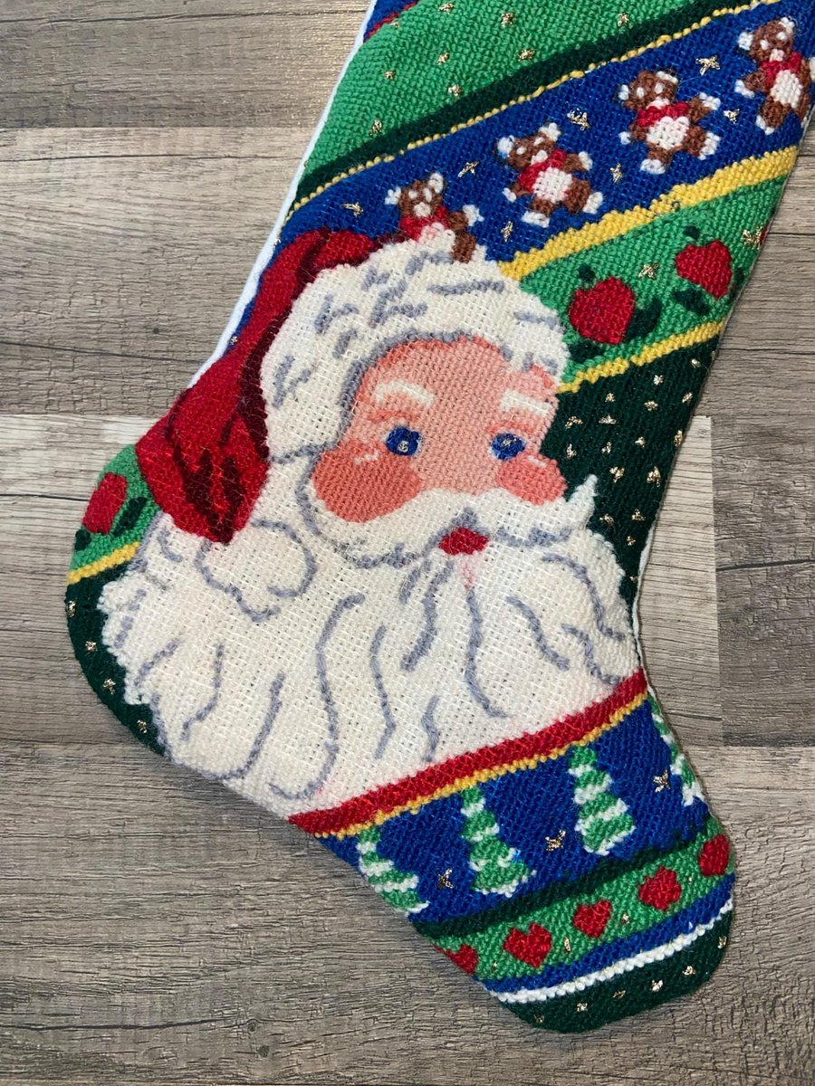 Handmade Christmas Stocking BUCILLA Vintage Finished 1980s Cheerful Santa Holiday Stocking Stockings with Name Decor 60672