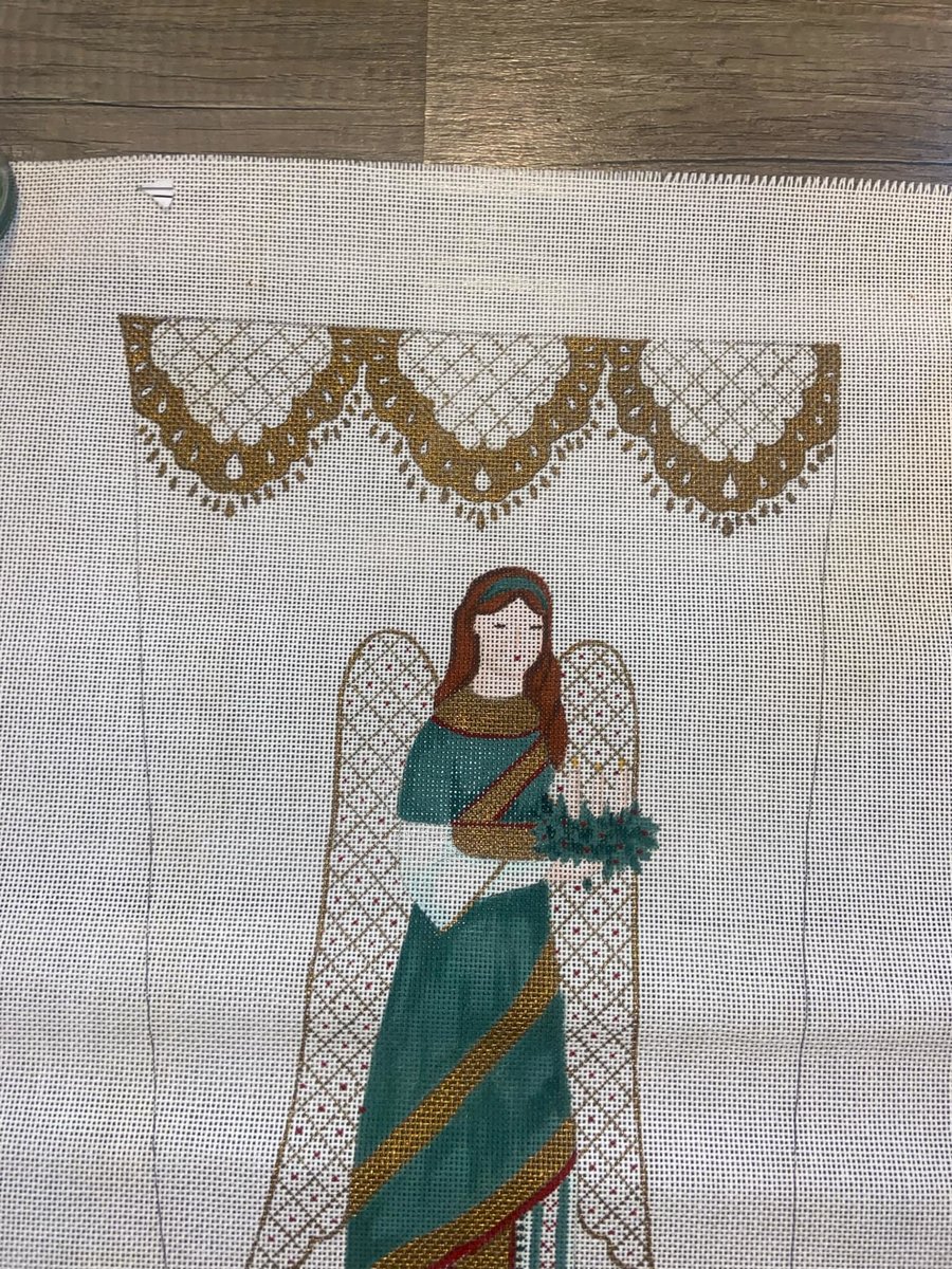 NEW VTG Handpainted Angel Christmas Needlepoint Stocking Canvas Angel Holiday Stocking Harp