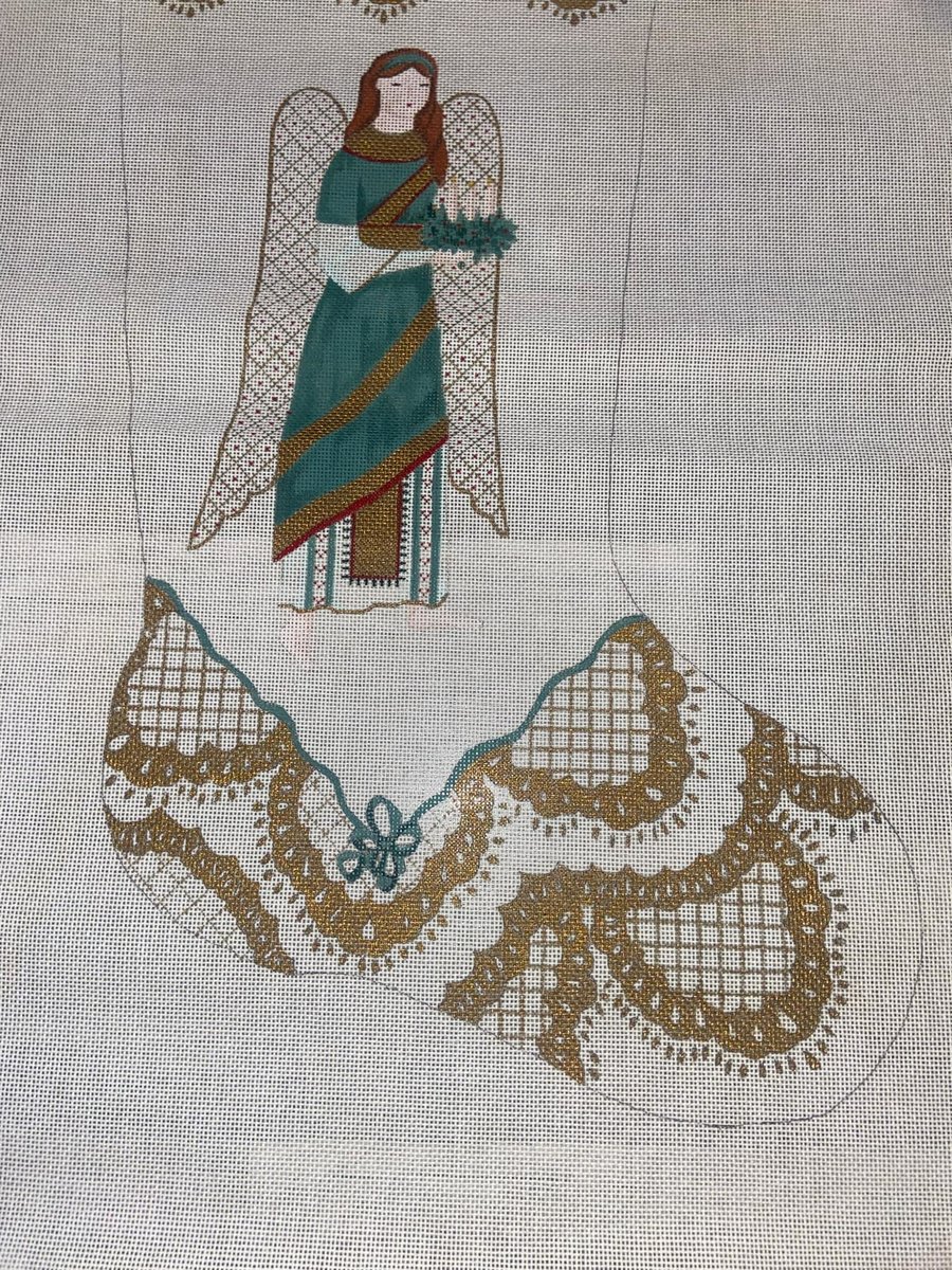 NEW VTG Handpainted Angel Christmas Needlepoint Stocking Canvas Angel Holiday Stocking Harp