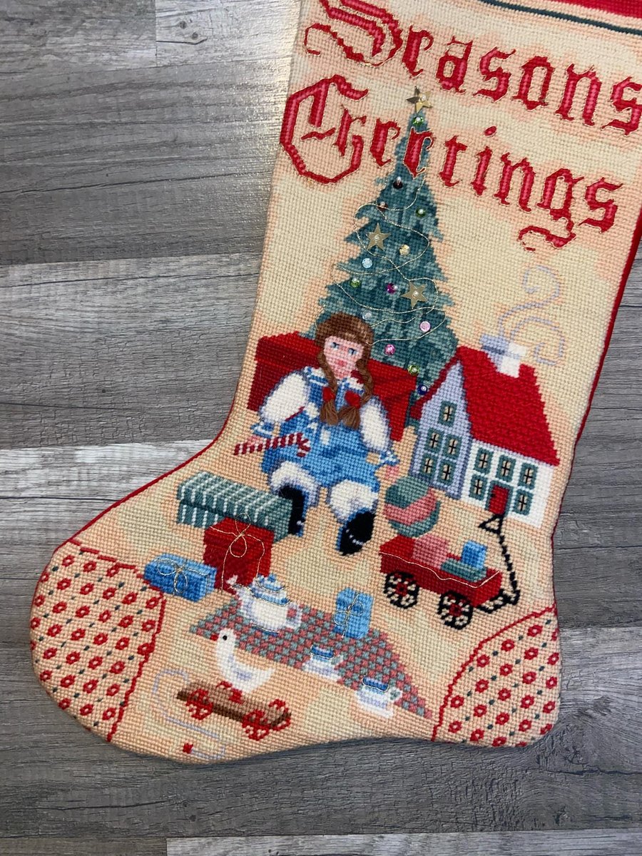 New Christmas Stocking VTG Handmade LINED Finished Needle Treasures Antique PLAYTHINGS Needlepoint 06823