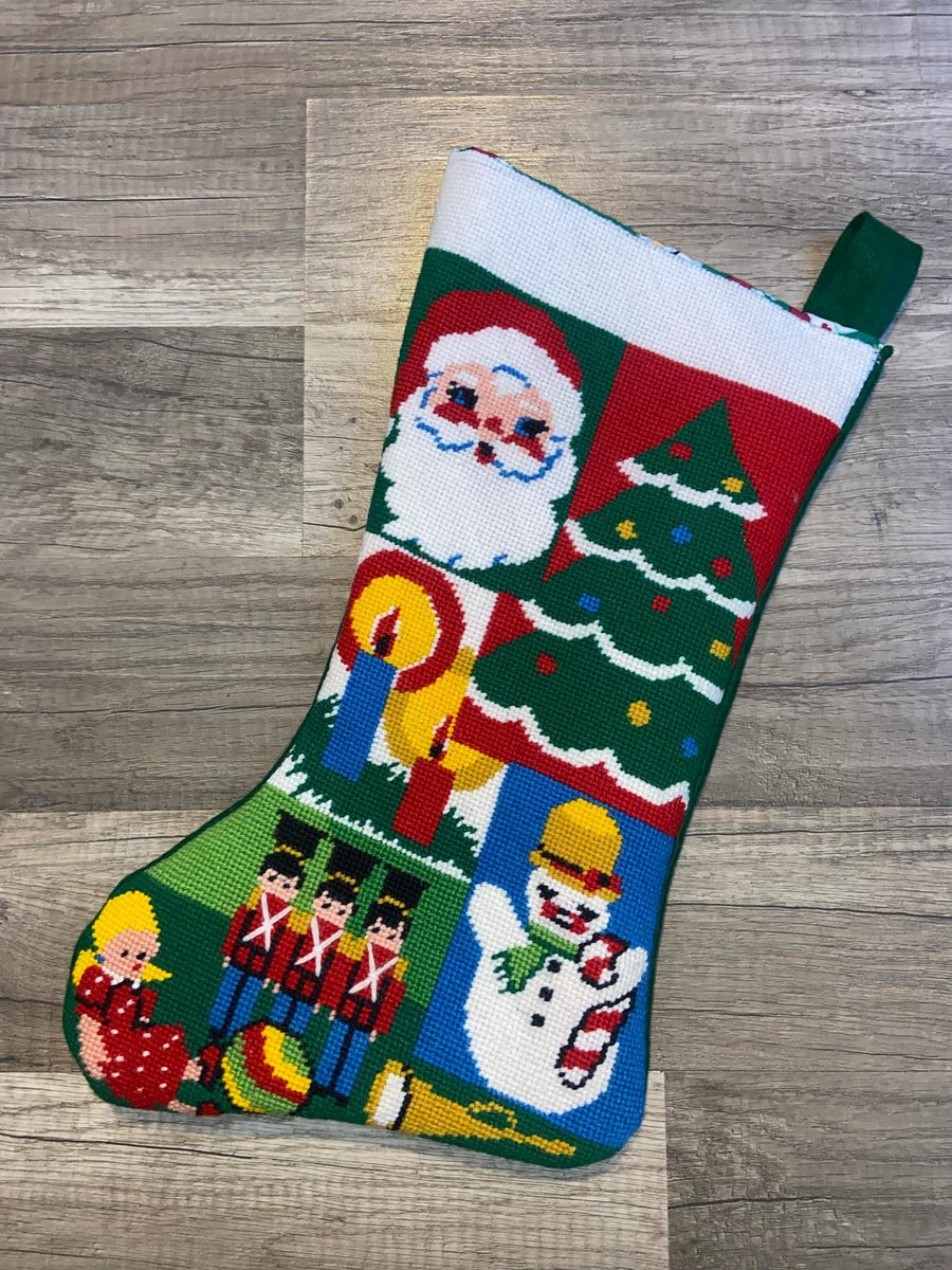 New Christmas Stocking 1970's Vintage HANDMADE Bucilla Painted Needlepoint Stocking 60523 Patchwork Holiday Stocking